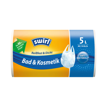 Swirl Müllbeutel Reißfest & Dicht Bad & Kosmetik 5 Liter, mit Tragegriff, weiss/teil-transparent, aus 80 % recyceltem Plastik